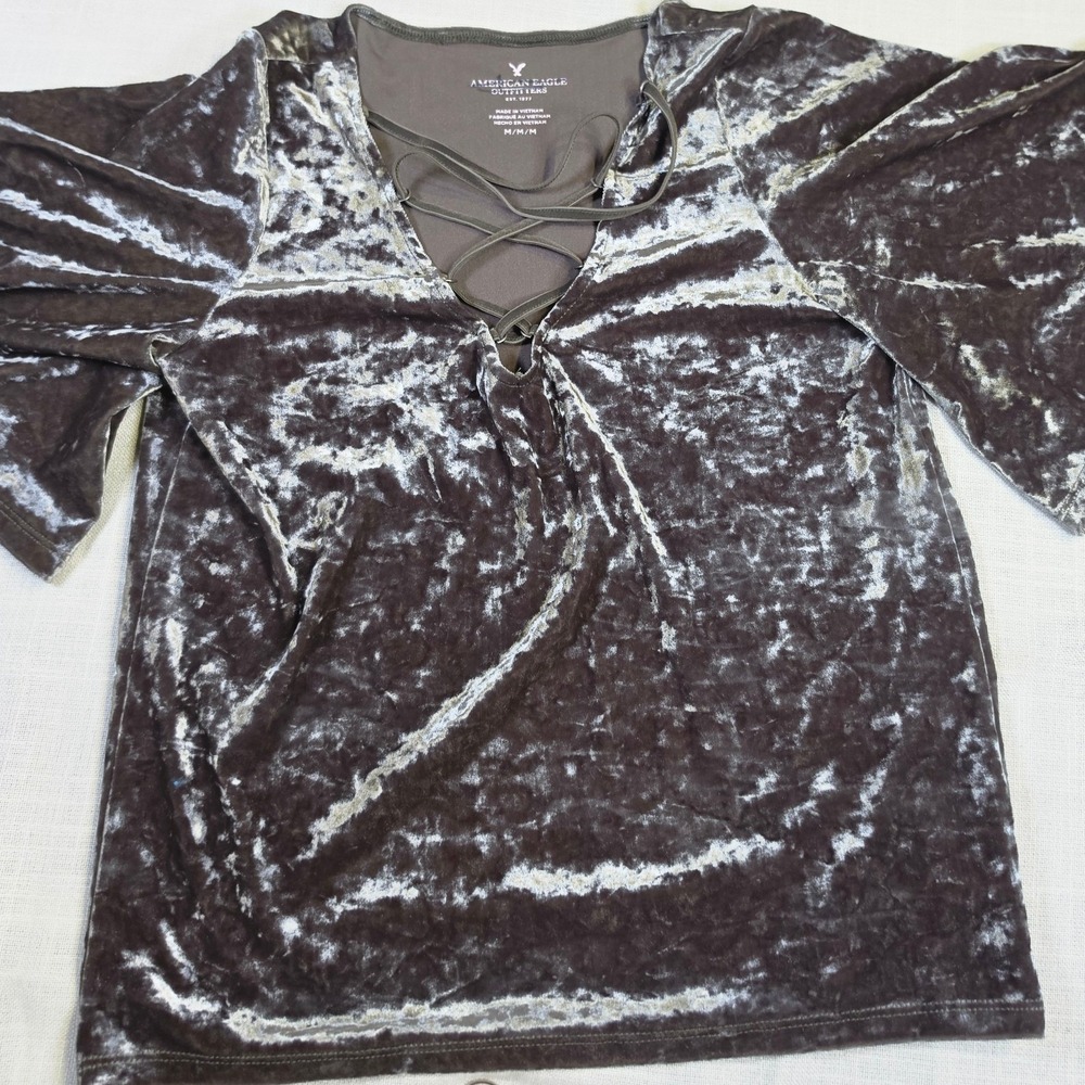 American Eagle Crushed Velvet Lace Up V-Neck Top Olive Green Grey Womens Medium